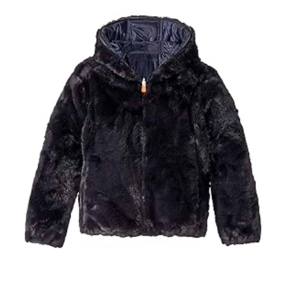 Save the Duck Kids Girl's Short Hooded Reversible Faux Fur Jacket Blue/Black